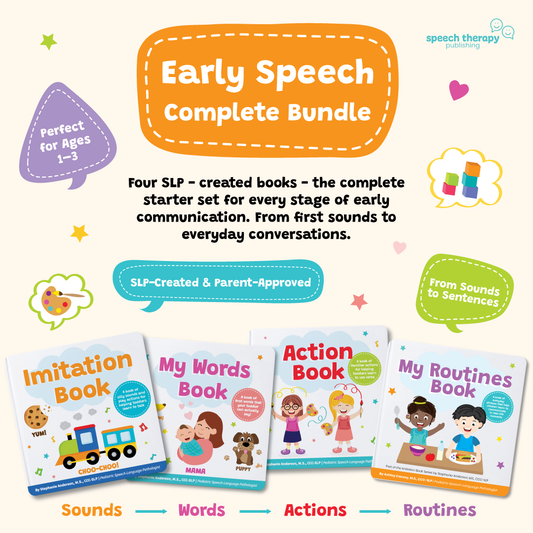 Early Speech Complete Bundle — all four SLP-created board books: Imitation, My Words, Action and My Routines