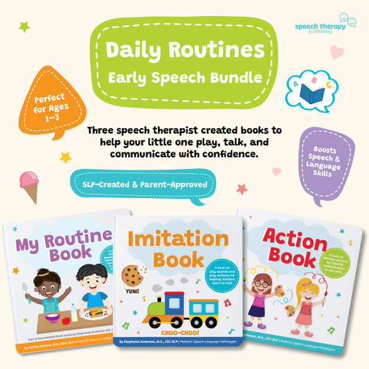 Daily Routines Early Speech Bundle — My Routines, Imitation and Action board books shown together
