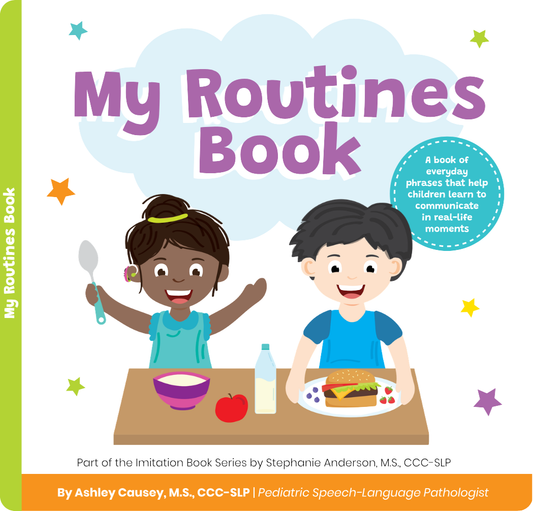 My Routines Book cover — two toddlers at a table at mealtime, an SLP-created board book of everyday routine phrases
